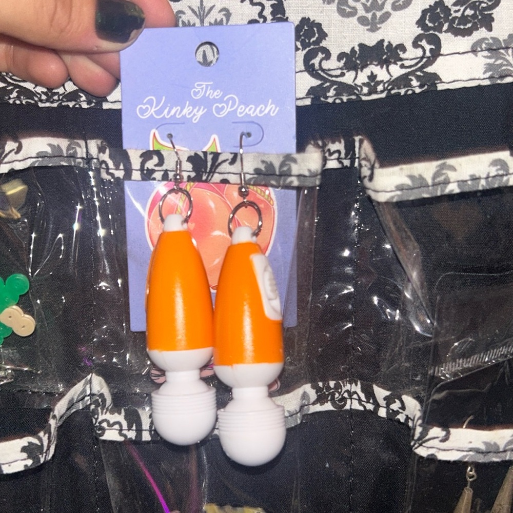 Orange Vibe Toy earrings - wacky drop weird earrings for rave
